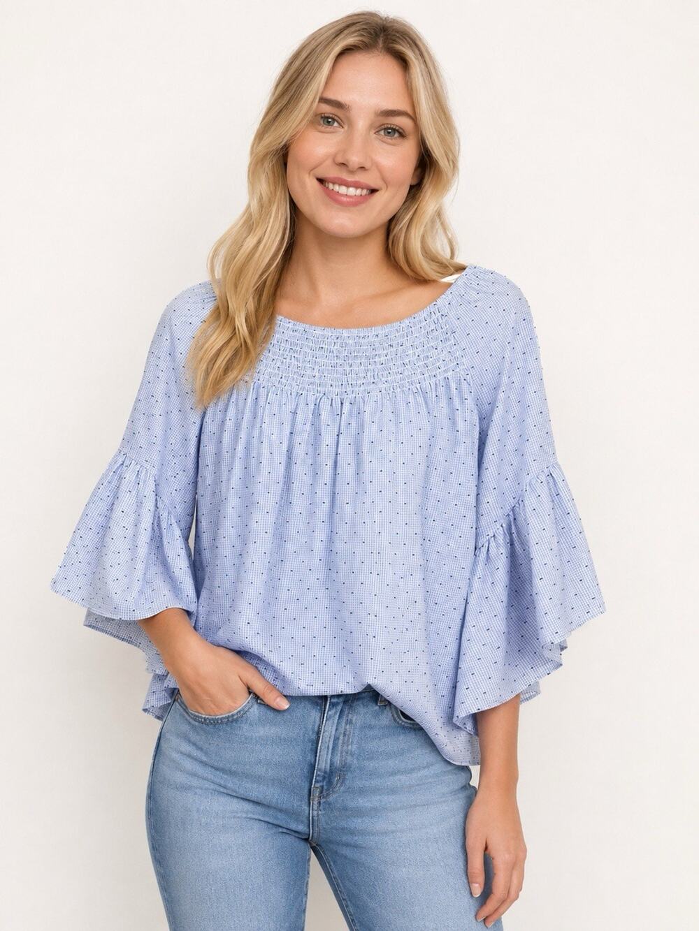 Melissa Paige Womens L Blue Gingham Swiss Dot Off Shoulder Peasant Blouse